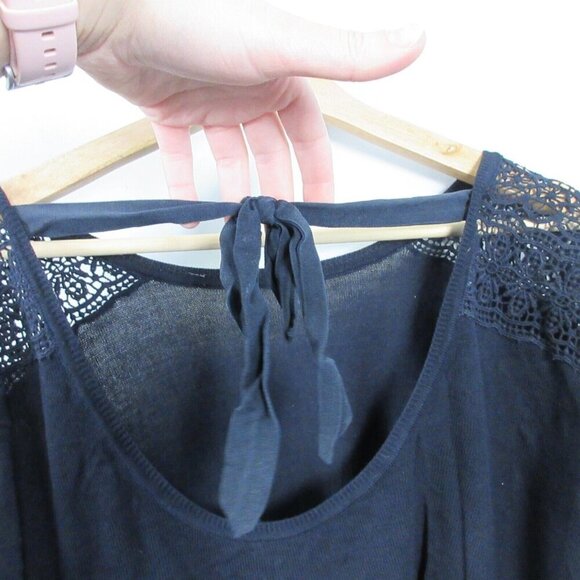 Club Monaco Sweater Top Women S Black 3/4 Sleeve Crochet Tie Back Viscose 248 - Picture 8 of 10